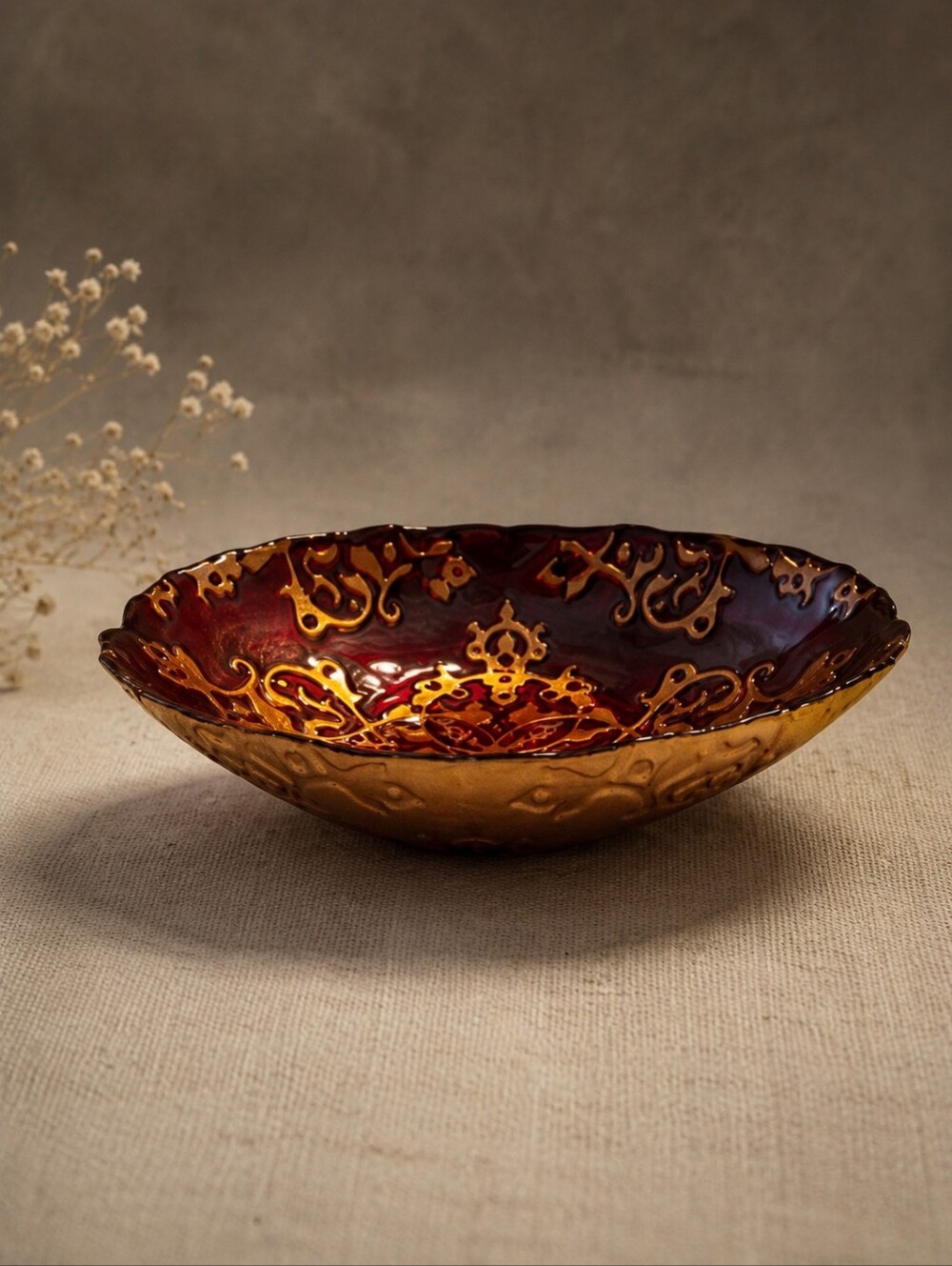 Ardacam red and gold hand-painted glass decorative serving oval bowl. 